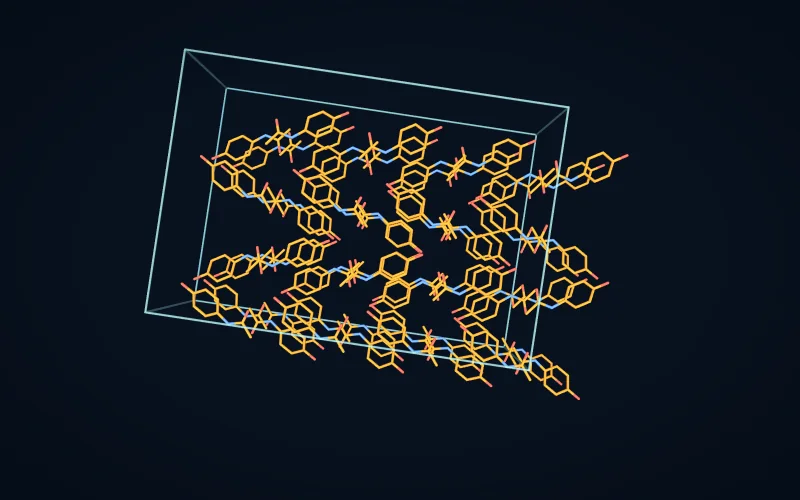 A crystal packing of paracetamol molecules inside a box marking the unit cell