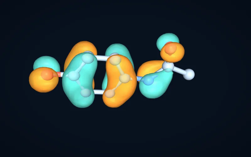 A highest occupied molecular orbital of paracetamol drawn as teal and amber lobes