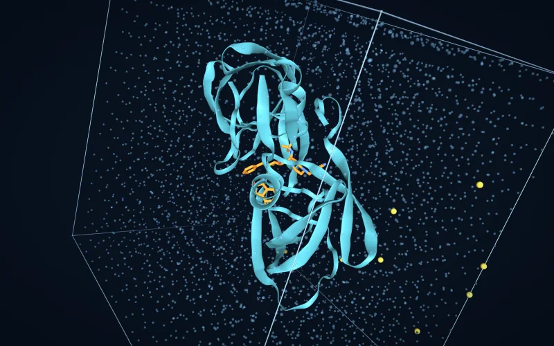 A protein and ligand in a periodic box of water points and ions