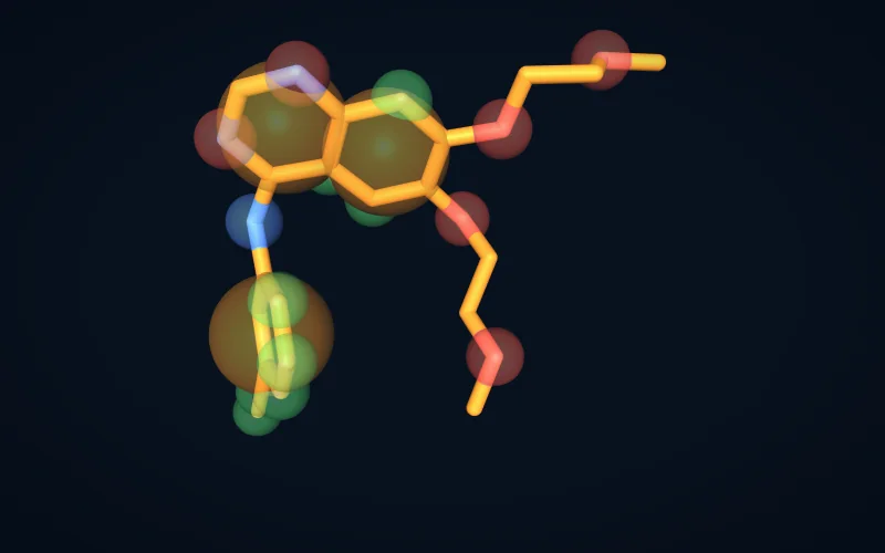 A ligand with coloured spheres marking donor, acceptor, aromatic and hydrophobic features