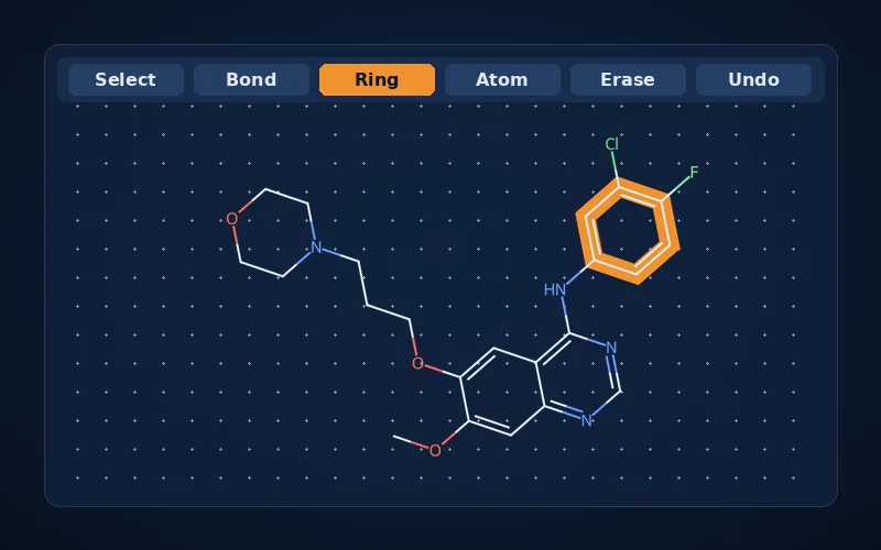 A two-dimensional drug structure drawn on a sketching canvas with a toolbar and one ring selected