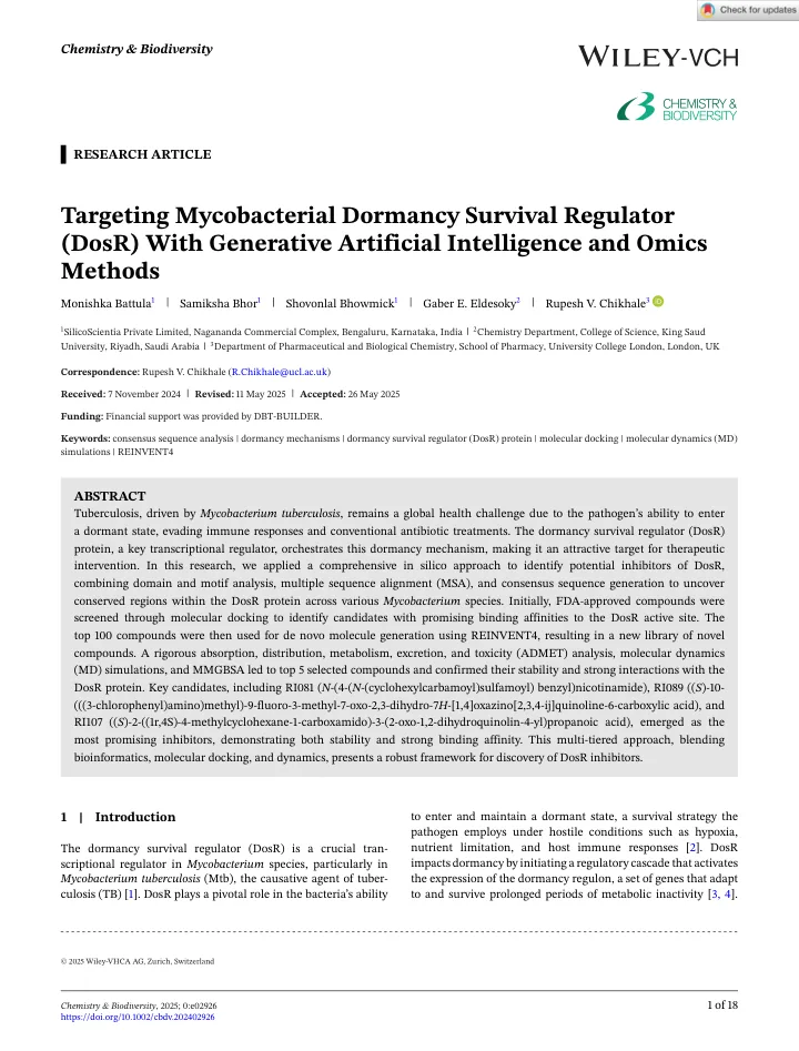 First page of the article: Targeting Mycobacterial Dormancy Survival Regulator (DosR) With Generative Artificial Intelligence and Omics Methods