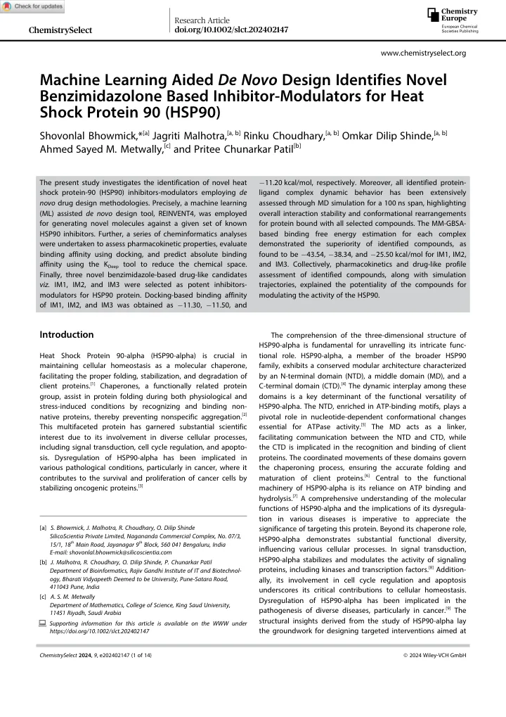 First page of the article: Machine Learning Aided De Novo Design Identifies Novel Benzimidazolone Based Inhibitor-Modulators for Heat Shock Protein 90 (HSP90)