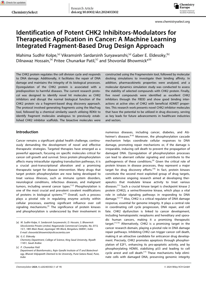 First page of the article: Identification of Potent CHK2 Inhibitors-Modulators for Therapeutic Application in Cancer: A Machine Learning Integrated Fragment-Based Drug Design Approach