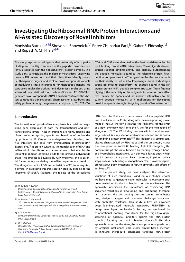 First page of the article: Investigating the Ribosomal-RNA: Protein Interactions and AI-Assisted Discovery of Novel Inhibitors