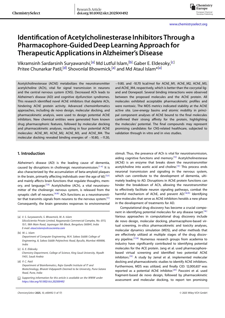 First page of the article: Identification of Acetylcholinesterase Inhibitors Through a Pharmacophore-Guided Deep Learning Approach for Therapeutic Applications in Alzheimer's Disease