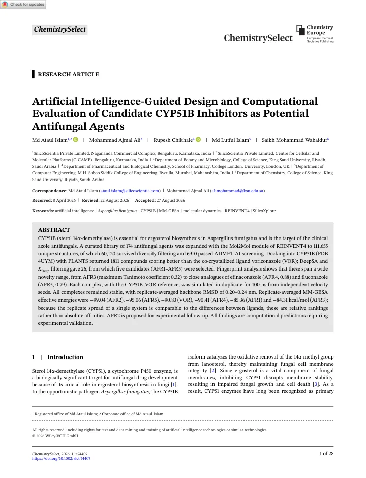 First page of the article: Artificial Intelligence-Guided Design and Computational Evaluation of Candidate CYP51B Inhibitors as Potential Antifungal Agents