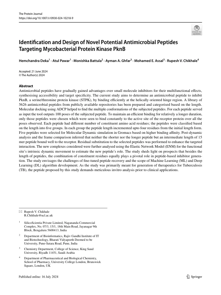 First page of the article: Identification and Design of Novel Potential Antimicrobial Peptides Targeting Mycobacterial Protein Kinase PknB