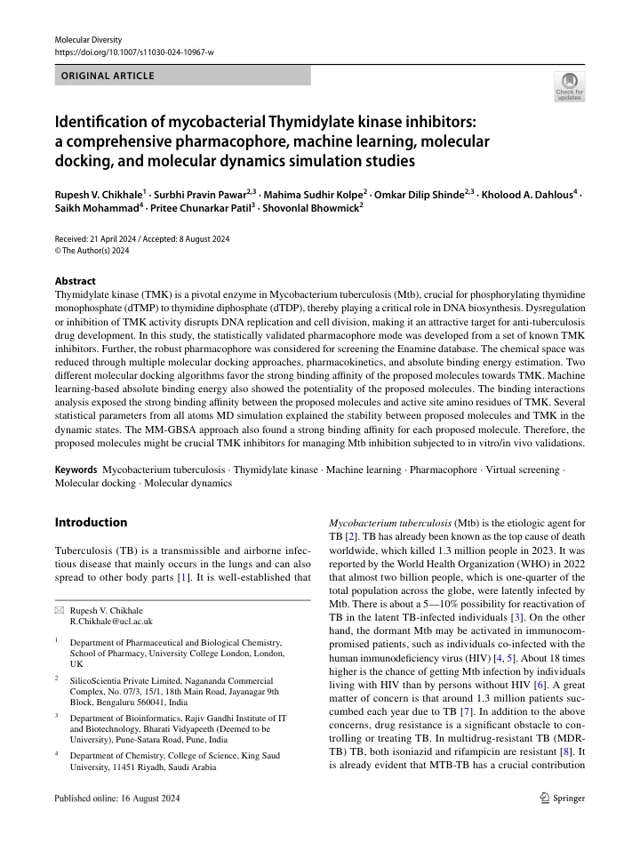 First page of the article: Identification of mycobacterial Thymidylate kinase inhibitors: a comprehensive pharmacophore, machine learning, molecular docking, and molecular dynamics simulation studies