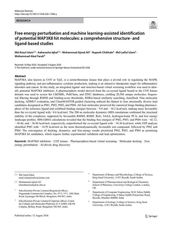 First page of the article: Free energy perturbation and machine learning-assisted identification of potential MAP3K8 hit molecules: a comprehensive structure- and ligand-based studies