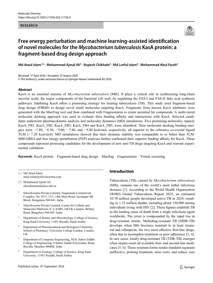 First page of the article: Free energy perturbation and machine learning-assisted identification of novel molecules for the Mycobacterium tuberculosis KasA protein: a fragment-based drug design approach
