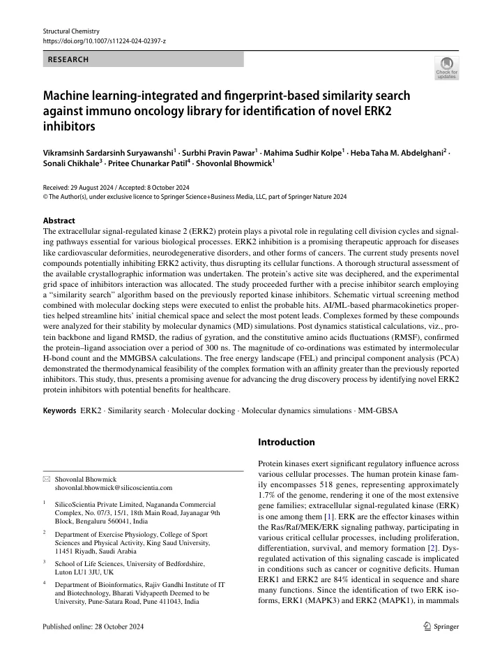 First page of the article: Machine learning-integrated and fingerprint-based similarity search against immuno oncology library for identification of novel ERK2 inhibitors
