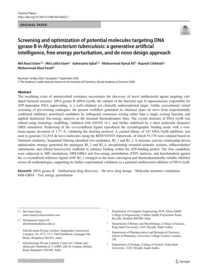 First page of the article: Screening and optimization of potential molecules targeting DNA gyrase B in Mycobacterium tuberculosis: a generative artificial intelligence, free energy perturbation, and de novo design approach