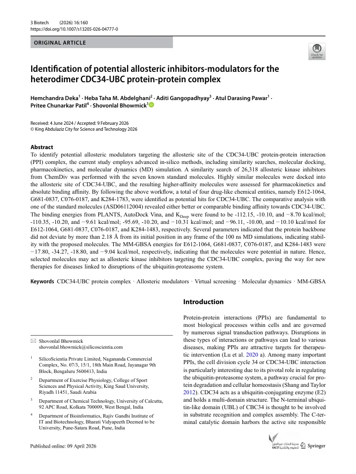 First page of the article: Identification of potential allosteric inhibitors-modulators for the heterodimer CDC34-UBC protein-protein complex