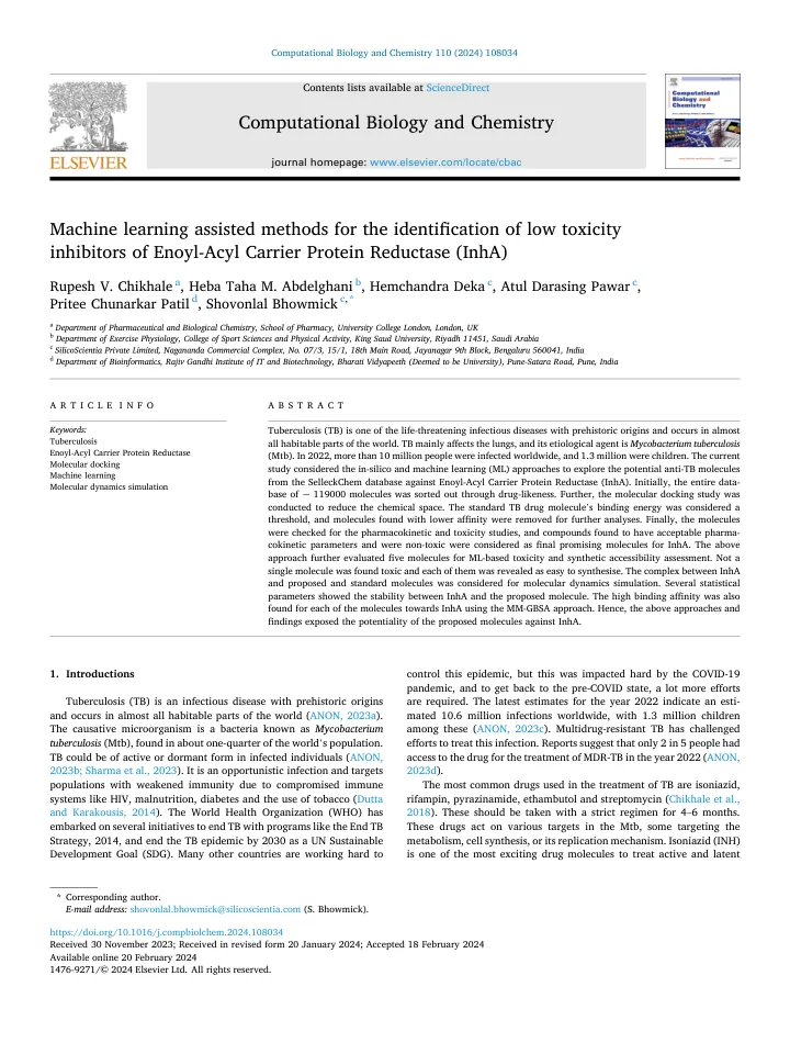 First page of the article: Machine learning assisted methods for the identification of low toxicity inhibitors of Enoyl-Acyl Carrier Protein Reductase (InhA)