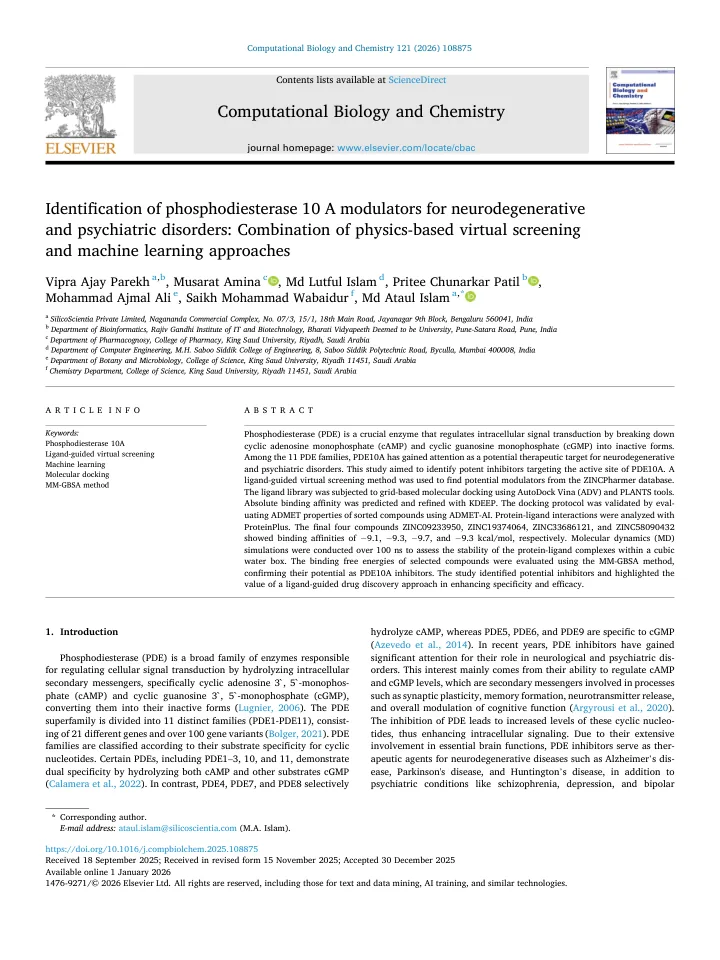 First page of the article: Identification of phosphodiesterase 10 A modulators for neurodegenerative and psychiatric disorders: Combination of physics-based virtual screening and machine learning approaches