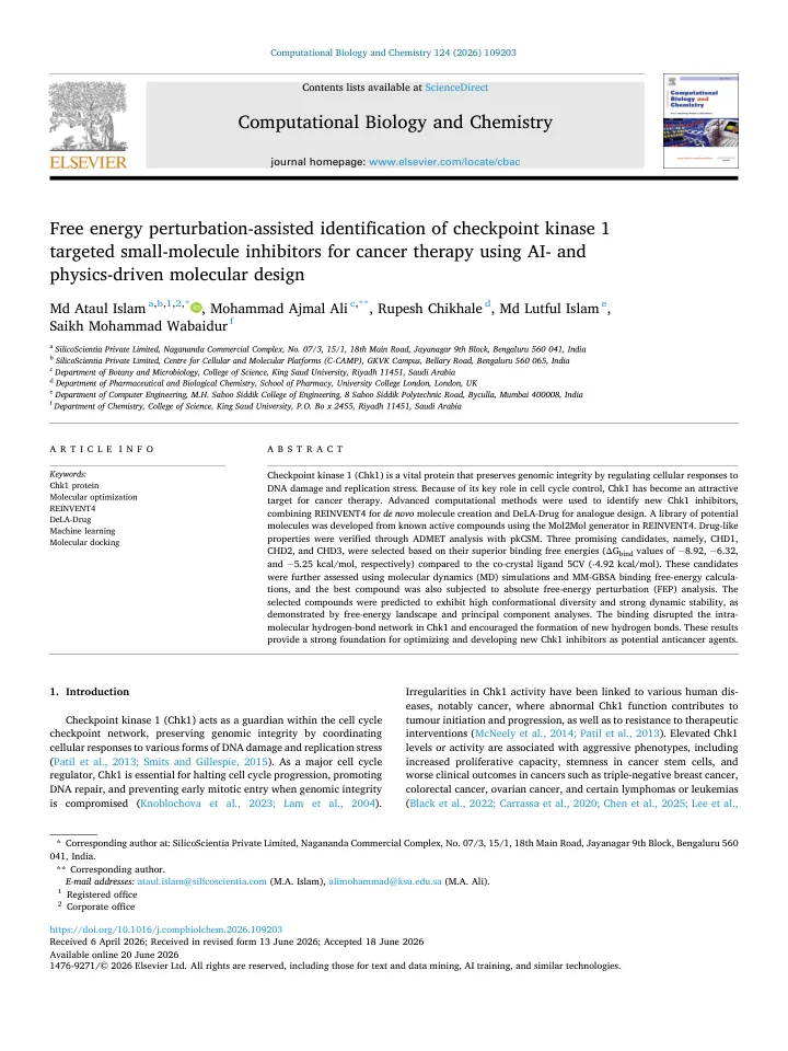 First page of the article: Free energy perturbation-assisted identification of checkpoint kinase 1 targeted small-molecule inhibitors for cancer therapy using AI- and physics-driven molecular design
