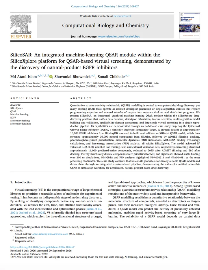 First page of the article: SilicoSAR: an integrated machine-learning QSAR module within the SilicoXplore platform for QSAR-based virtual screening, demonstrated by the discovery of natural-product EGFR inhibitors