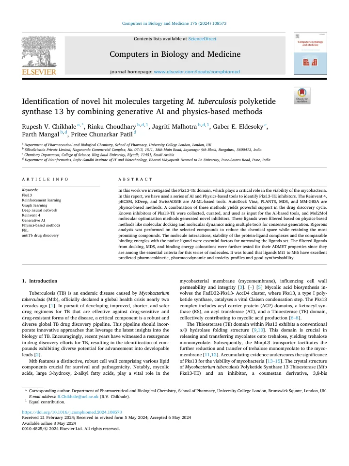 First page of the article: Identification of novel hit molecules targeting M. tuberculosis polyketide synthase 13 by combining generative AI and physics-based methods