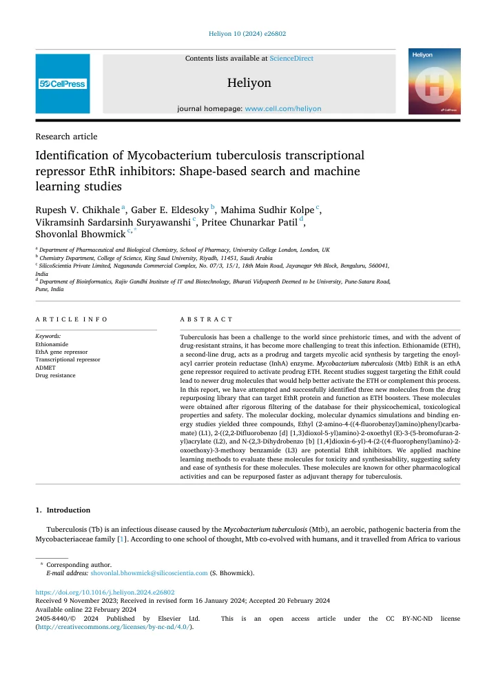 First page of the article: Identification of Mycobacterium tuberculosis transcriptional repressor EthR inhibitors: Shape-based search and machine learning studies
