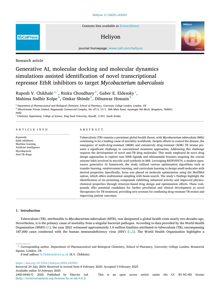 First page of the article: Generative AI, molecular docking and molecular dynamics simulations assisted identification of novel transcriptional repressor EthR inhibitors to target Mycobacterium tuberculosis