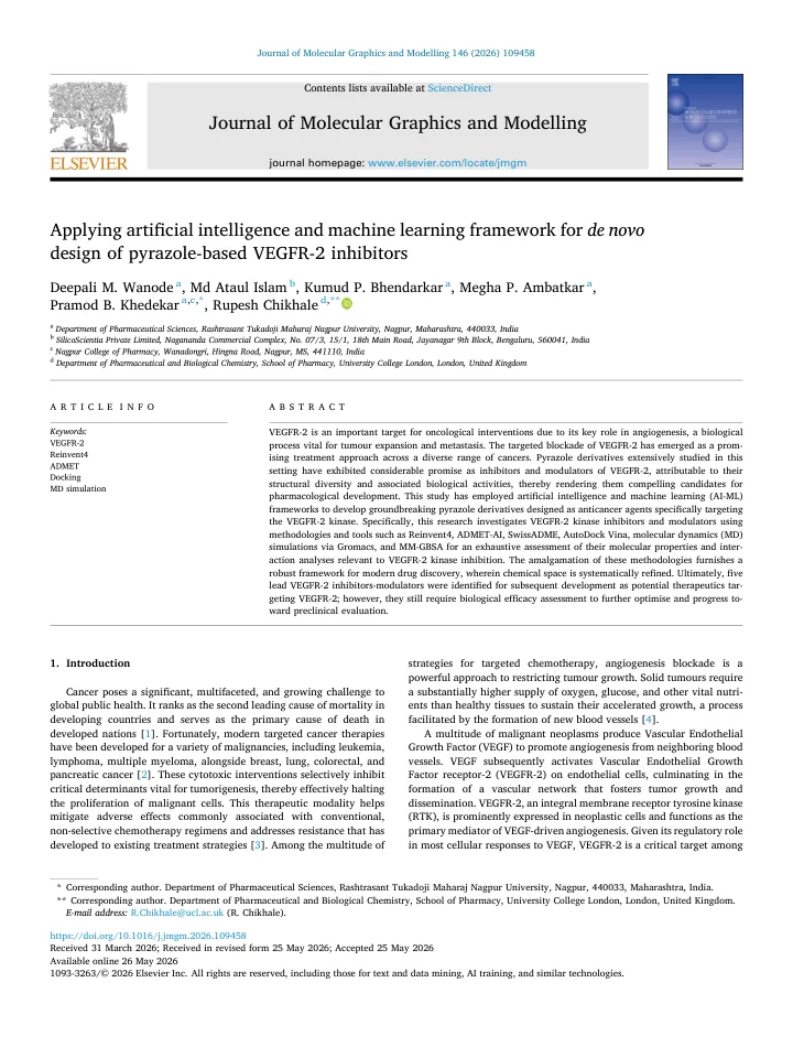 First page of the article: Applying artificial intelligence and machine learning framework for de novo design of pyrazole-based VEGFR-2 inhibitors