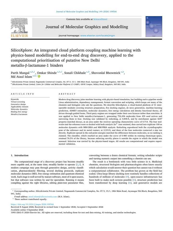 First page of the article: SilicoXplore: An integrated cloud platform coupling machine learning with physics-based modelling for end-to-end drug discovery, applied to the computational prioritisation of putative New Delhi metallo-β-lactamase-1 binders