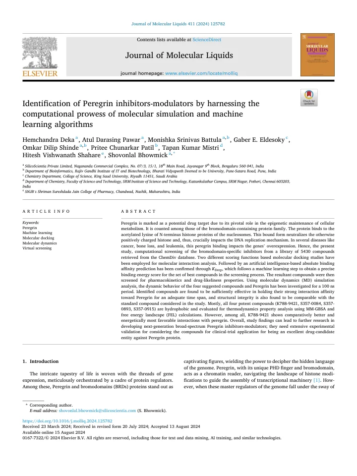 First page of the article: Identification of Peregrin inhibitors-modulators by harnessing the computational prowess of molecular simulation and machine learning algorithms