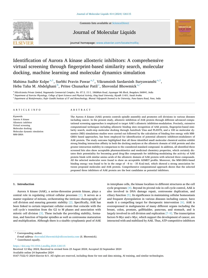 First page of the article: Identification of Aurora A kinase allosteric inhibitors: A comprehensive virtual screening through fingerprint-based similarity search, molecular docking, machine learning and molecular dynamics simulation