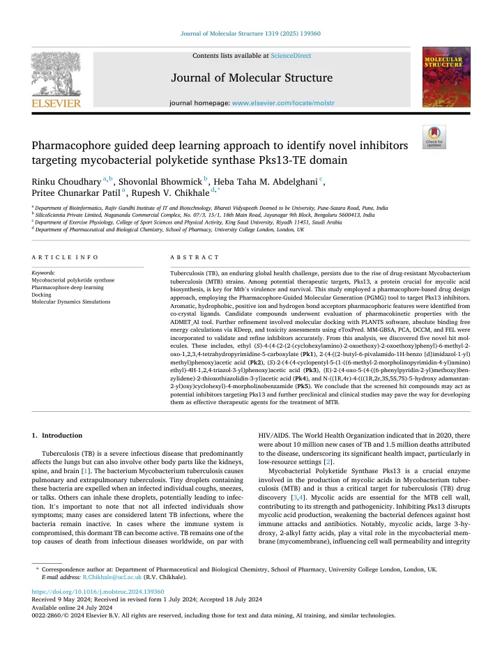 First page of the article: Pharmacophore guided deep learning approach to identify novel inhibitors targeting mycobacterial polyketide synthase Pks13-TE domain