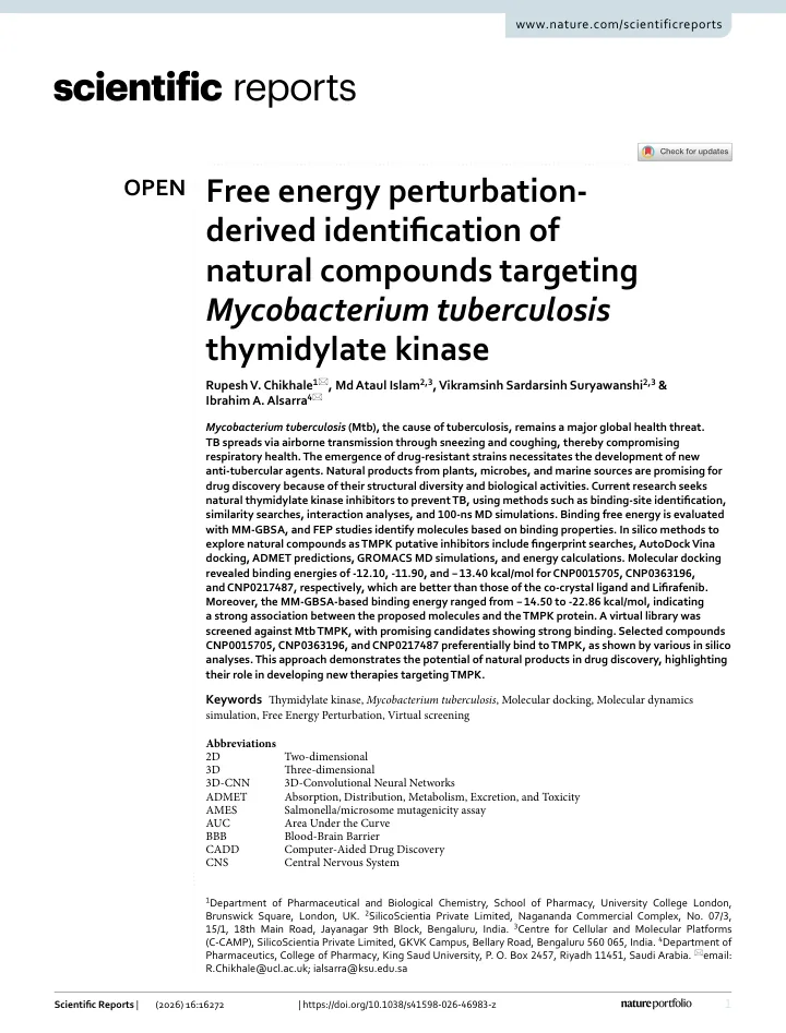 First page of the article: Free energy perturbation-derived identification of natural compounds targeting Mycobacterium tuberculosis thymidylate kinase