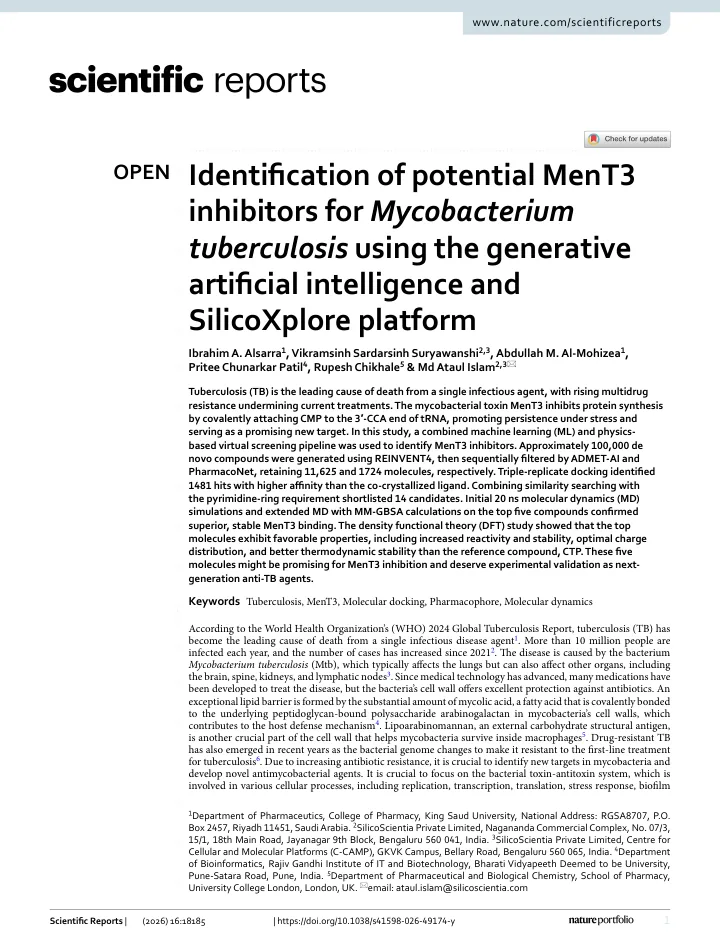 First page of the article: Identification of potential MenT3 inhibitors for Mycobacterium tuberculosis using the generative artificial intelligence and SilicoXplore platform