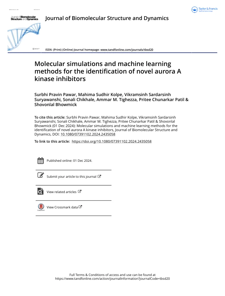 First page of the article: Molecular simulations and machine learning methods for the identification of novel aurora A kinase inhibitors
