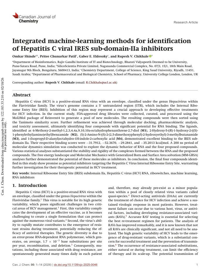 First page of the article: Integrated machine-learning methods for identification of Hepatitis C viral IRES sub-domain-IIa inhibitors