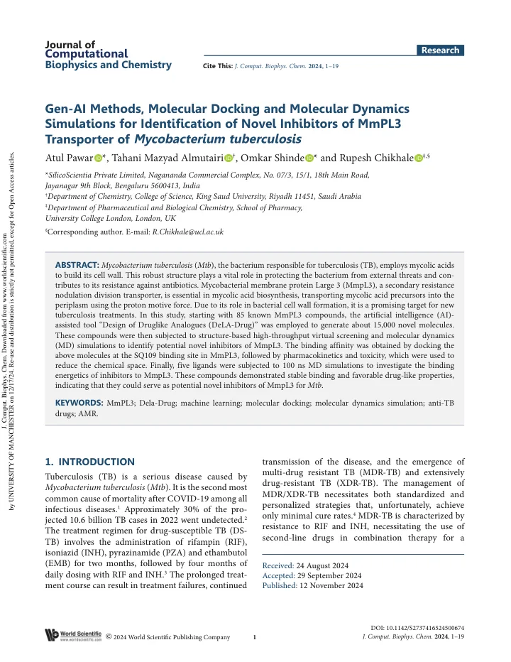 First page of the article: Gen-AI Methods, Molecular Docking and Molecular Dynamics Simulations for Identification of Novel Inhibitors of MmPL3 Transporter of Mycobacterium tuberculosis