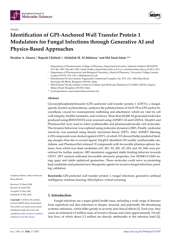First page of the article: Identification of GPI-Anchored Wall Transfer Protein 1 Modulators for Fungal Infections Through Generative AI and Physics-Based Approaches