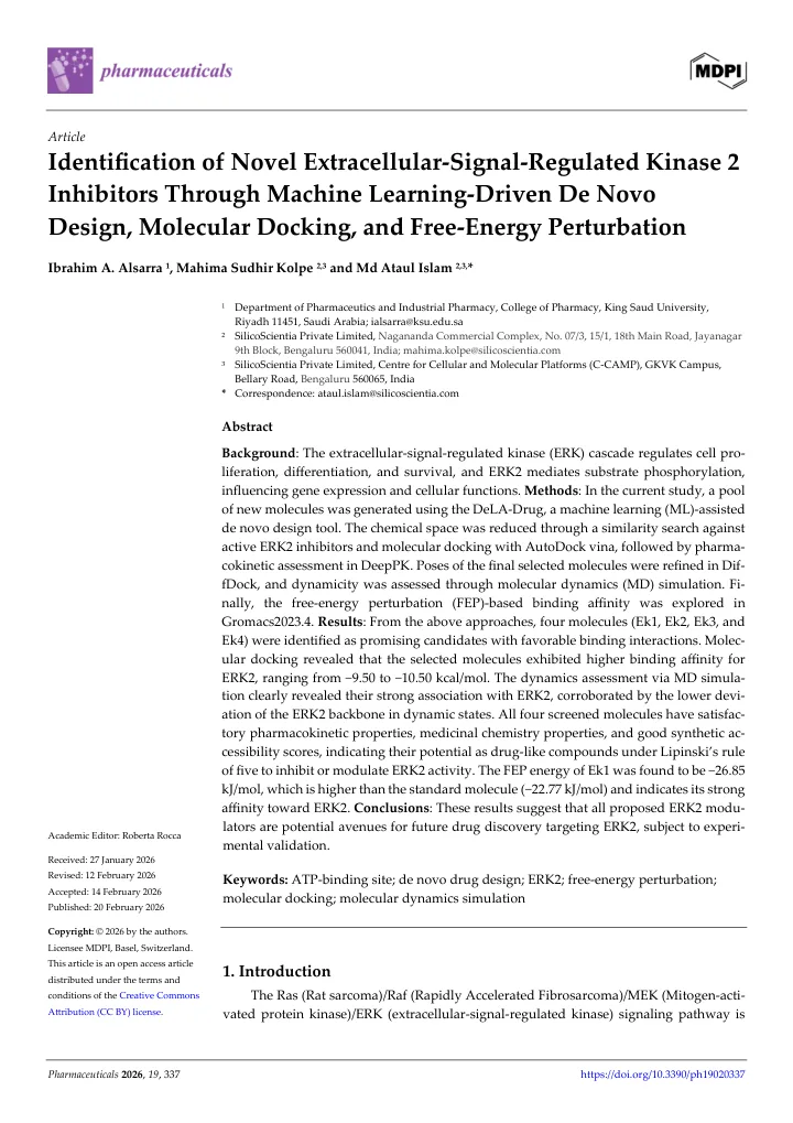 First page of the article: Identification of Novel Extracellular-Signal-Regulated Kinase 2 Inhibitors Through Machine Learning-Driven De Novo Design, Molecular Docking, and Free-Energy Perturbation